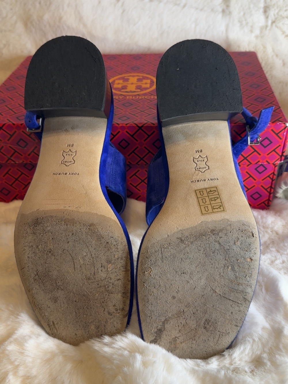 Tory Burch Cobalt Blue Suede Logo Slingback Sandals - Picture 5 of 6